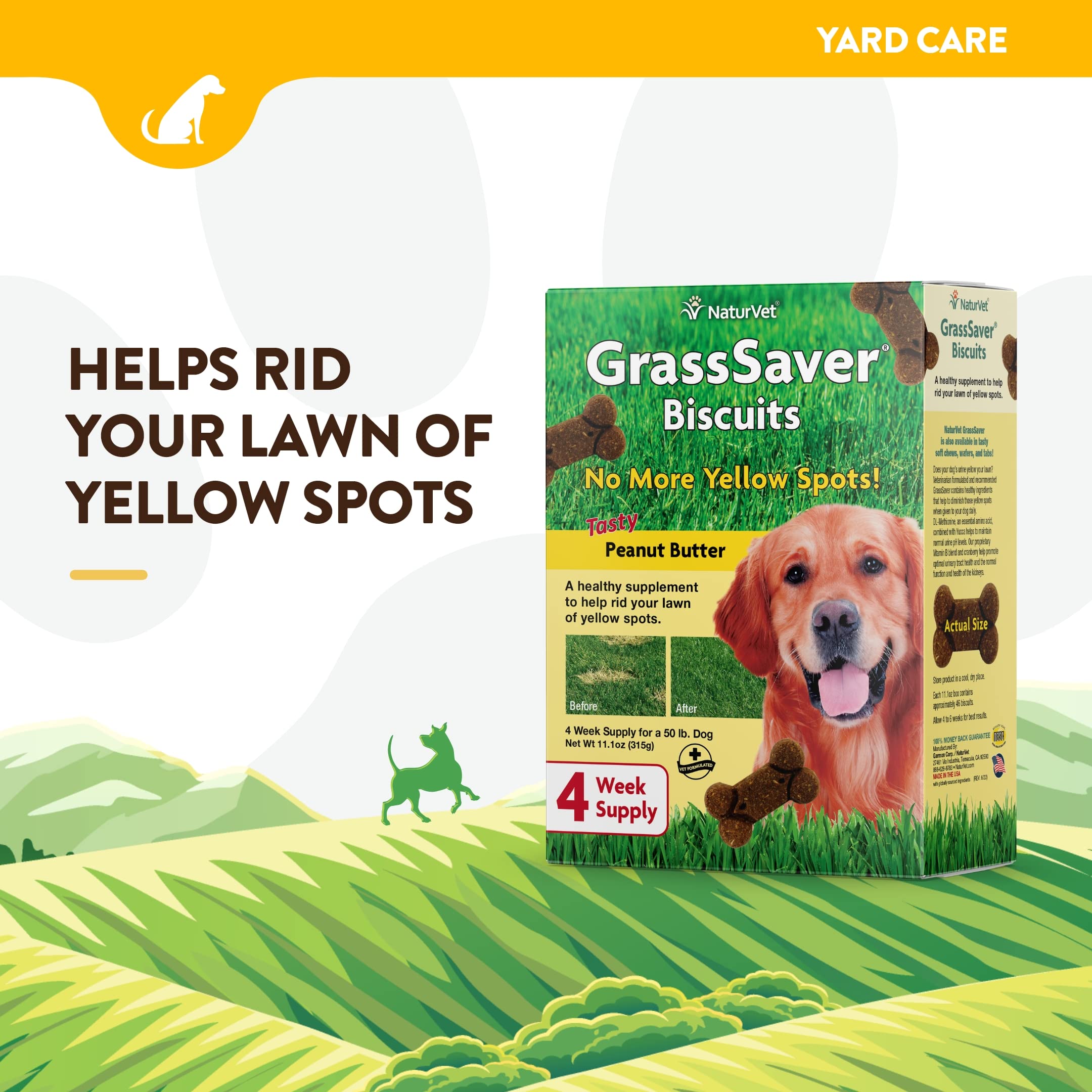 NaturVet GrassSaver galletas para perros, primer plano de galletas, sabor maní.
