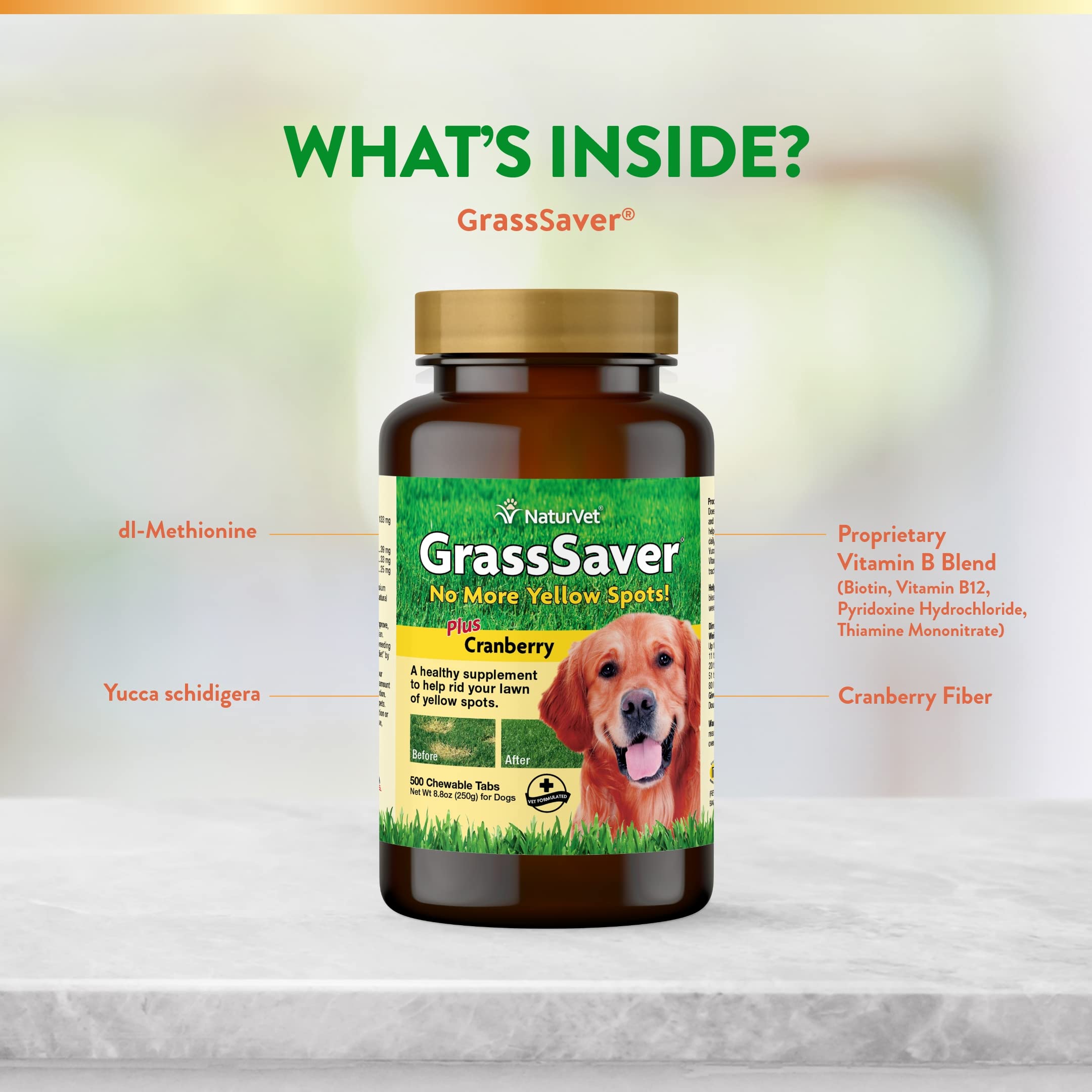 NaturVet GrassSaver ingredients panel featuring amino acids and B-complex vitamins