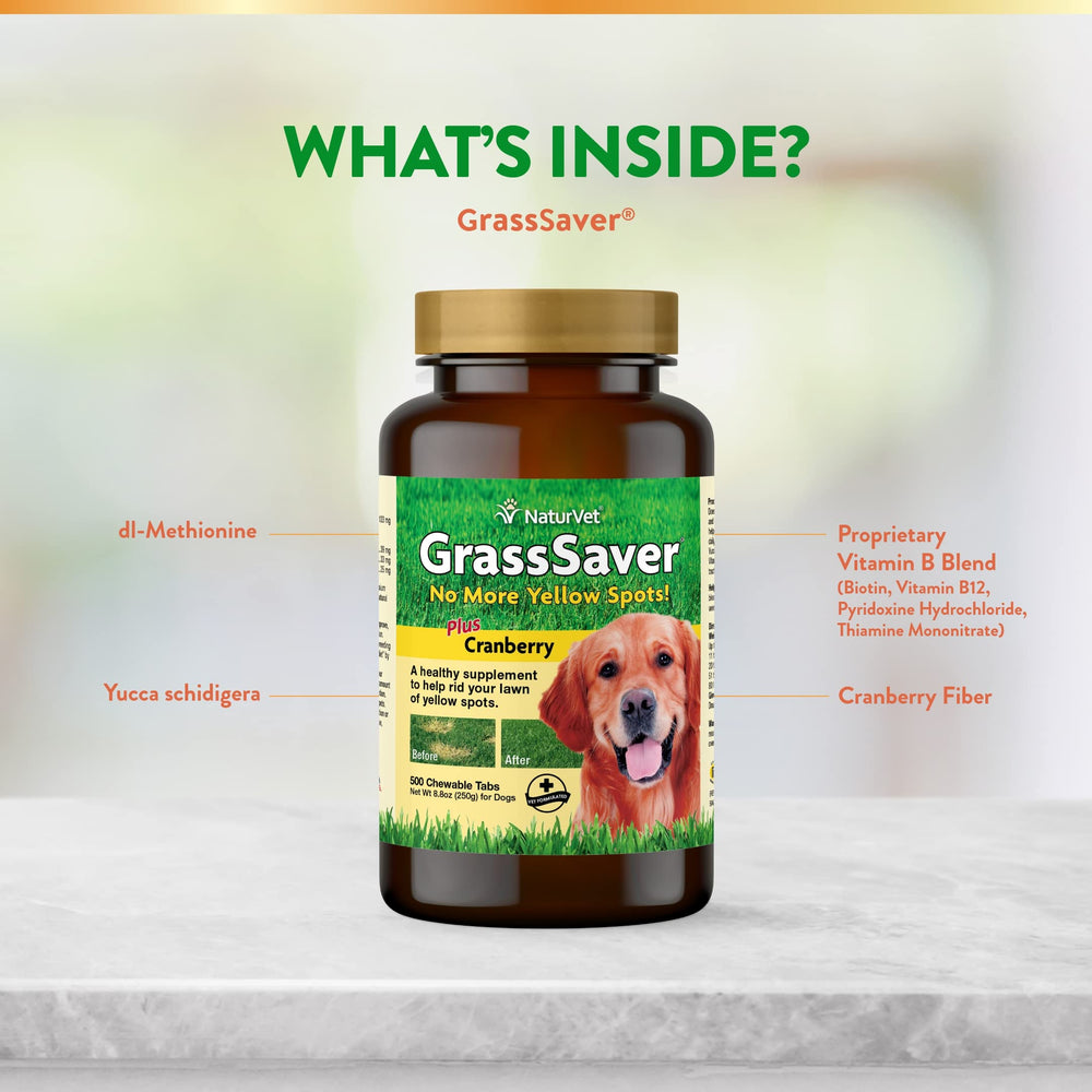 NaturVet GrassSaver ingredients panel featuring amino acids and B-complex vitamins
