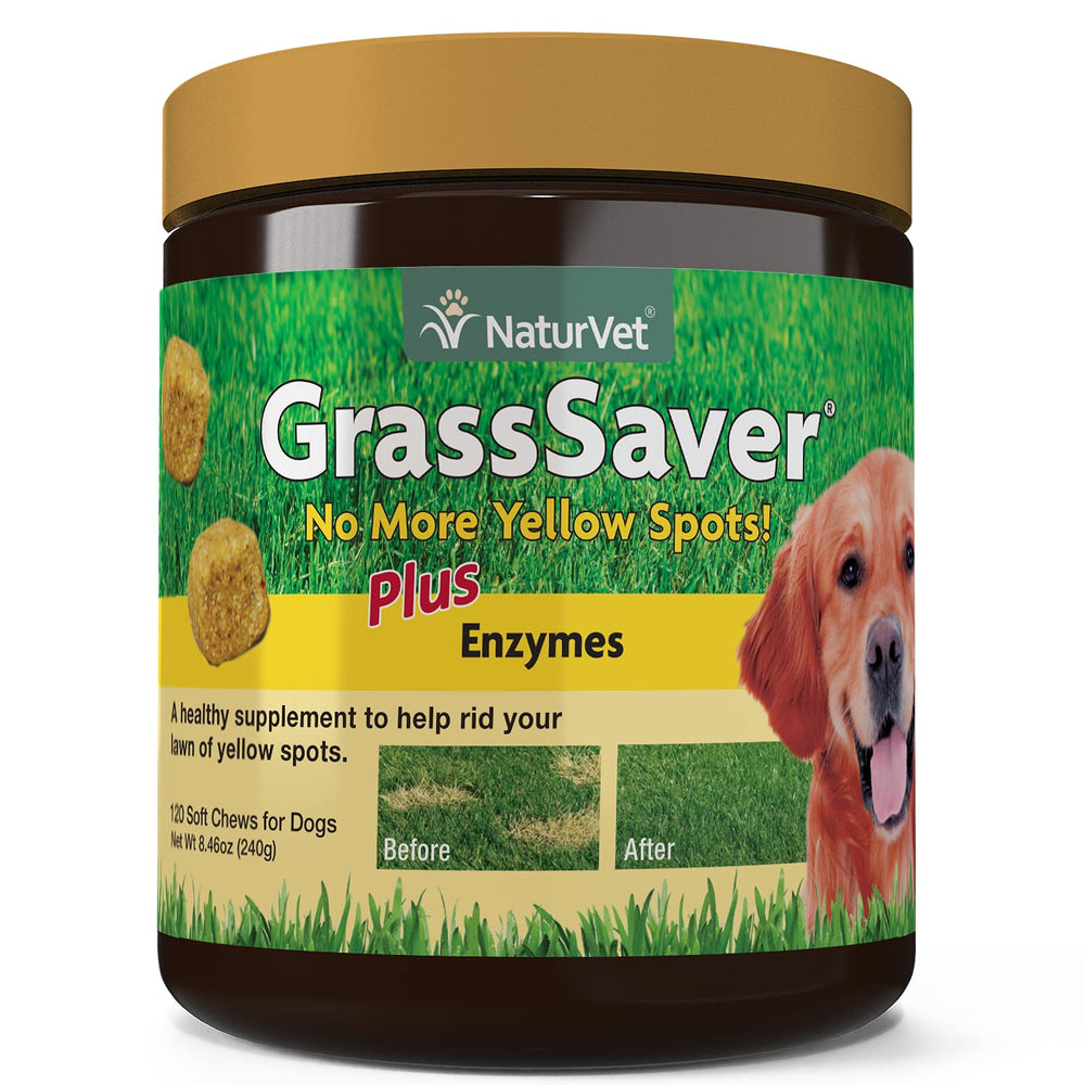 NaturVet GrassSaver soft chews bottle; supports lawn health in dogs.