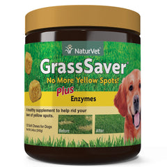 NaturVet GrassSaver soft chews bottle; supports lawn health in dogs.