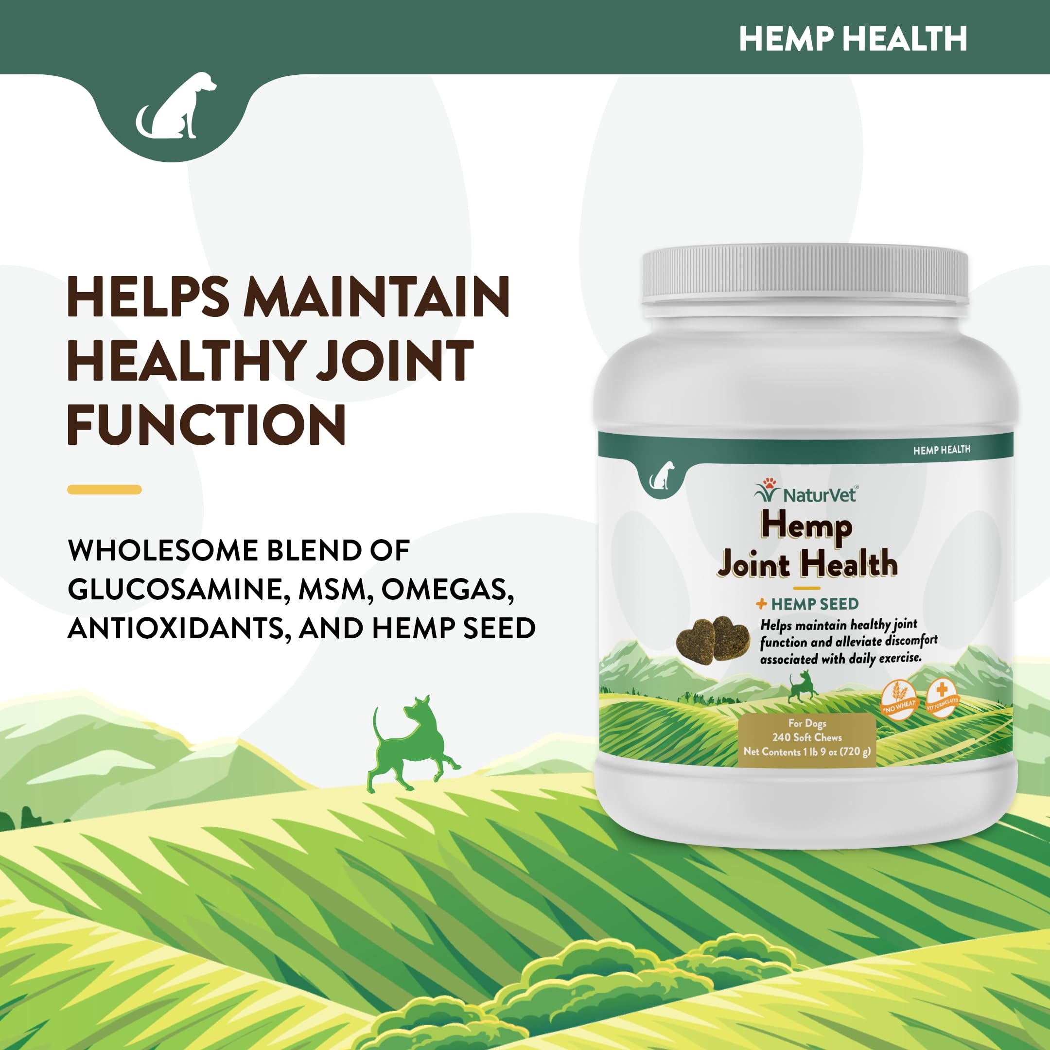 NaturVet Hemp Joint Health ingredients glucosamine chondroitin MSM near label highlights joint basics.