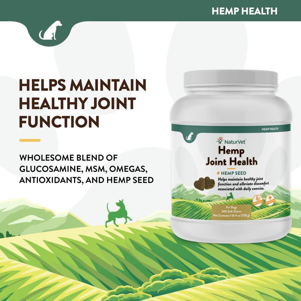 NaturVet Hemp Joint Health ingredients glucosamine chondroitin MSM near label highlights joint basics.