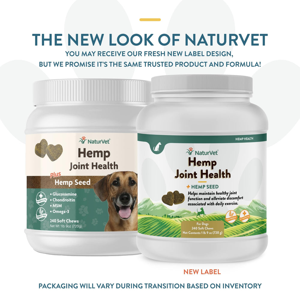 NaturVet Hemp Joint Health dog chewing shows daily joint care.