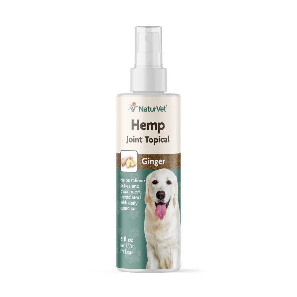 NaturVet Hemp Joint Topical Spray bottle showing easy-to-use treatment for daily activity support.