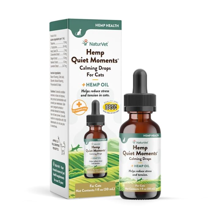 NaturVet Hemp Quiet Moments cat drops bottle 1oz promotes calmness during travel