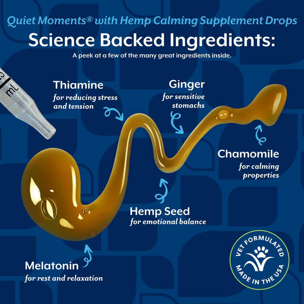 NaturVet Hemp Quiet Moments Drops usage for dogs and cats during stressful events.