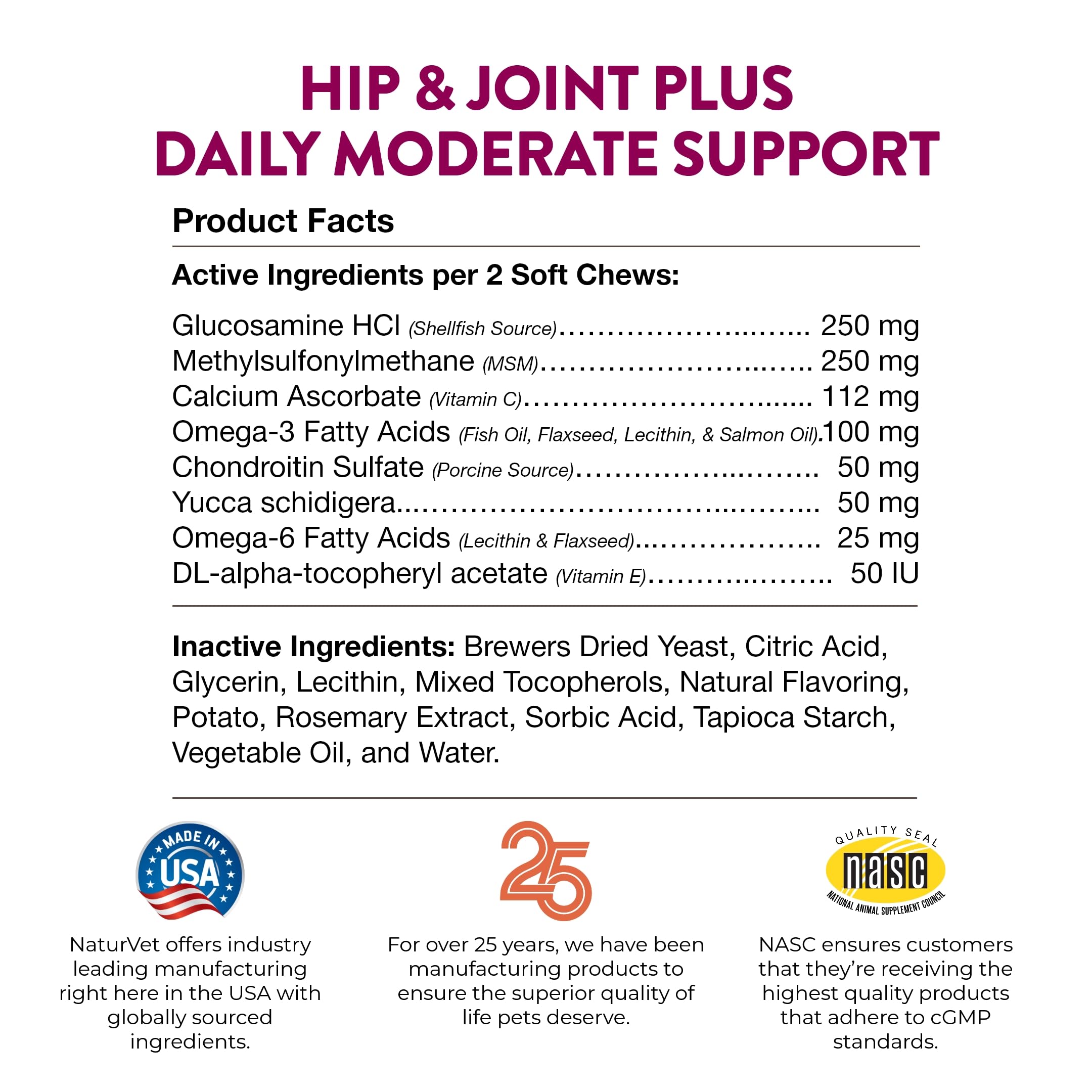 NaturVet Hip & Joint Plus Soft Chew bag side illustrating packaging and product details.