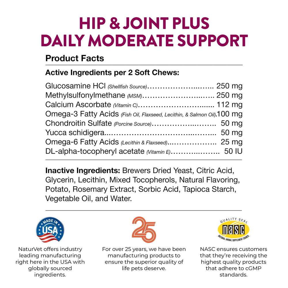 NaturVet Hip & Joint Plus Soft Chew bag side illustrating packaging and product details.