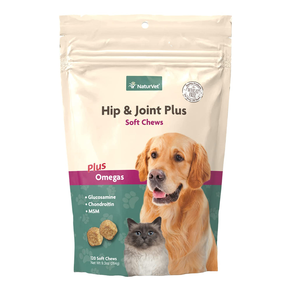 NaturVet Hip & Joint Plus Soft Chew bag view highlighting convenient joint support for dogs.