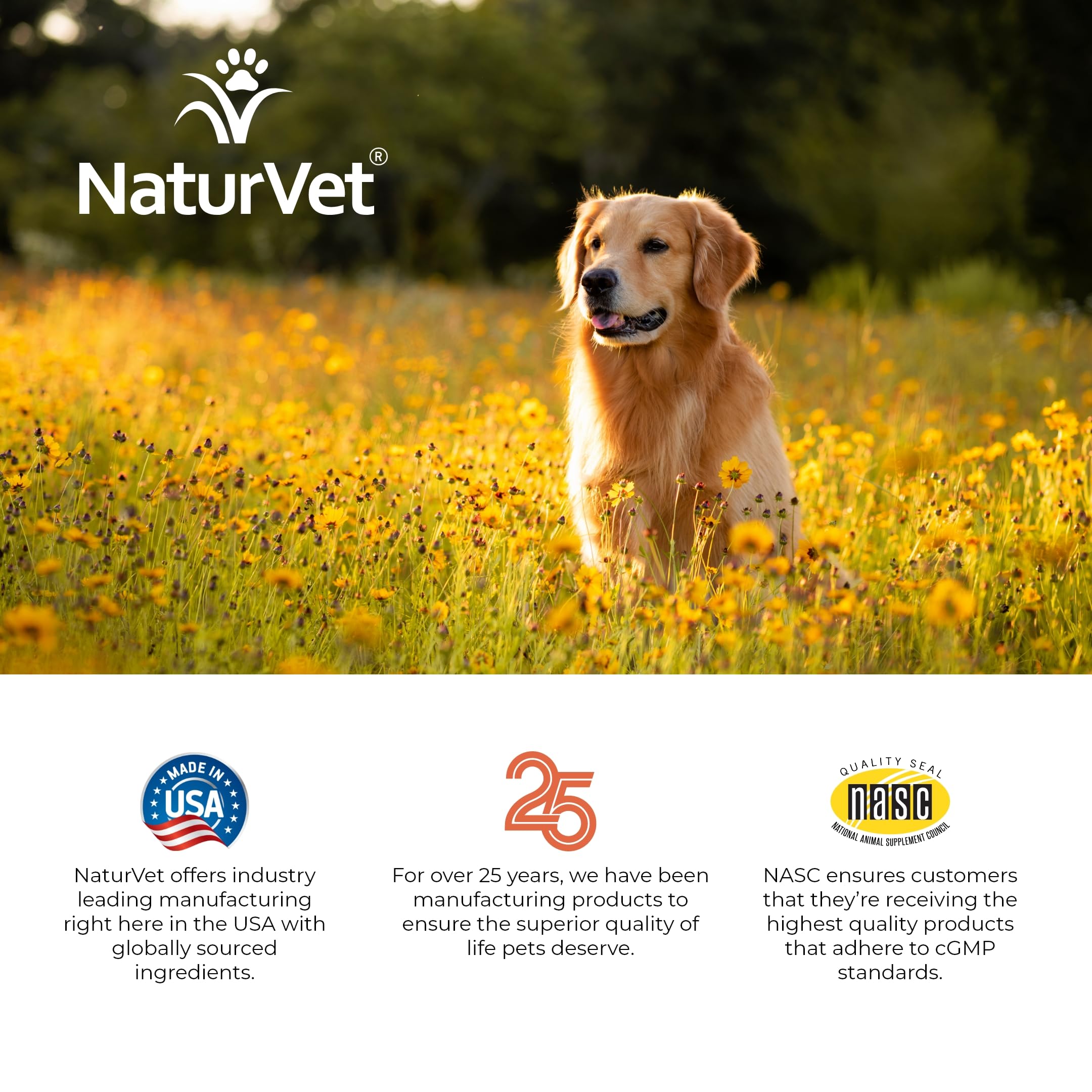 NaturVet immunity skin and respiratory benefits close-up suggesting comprehensive canine care.