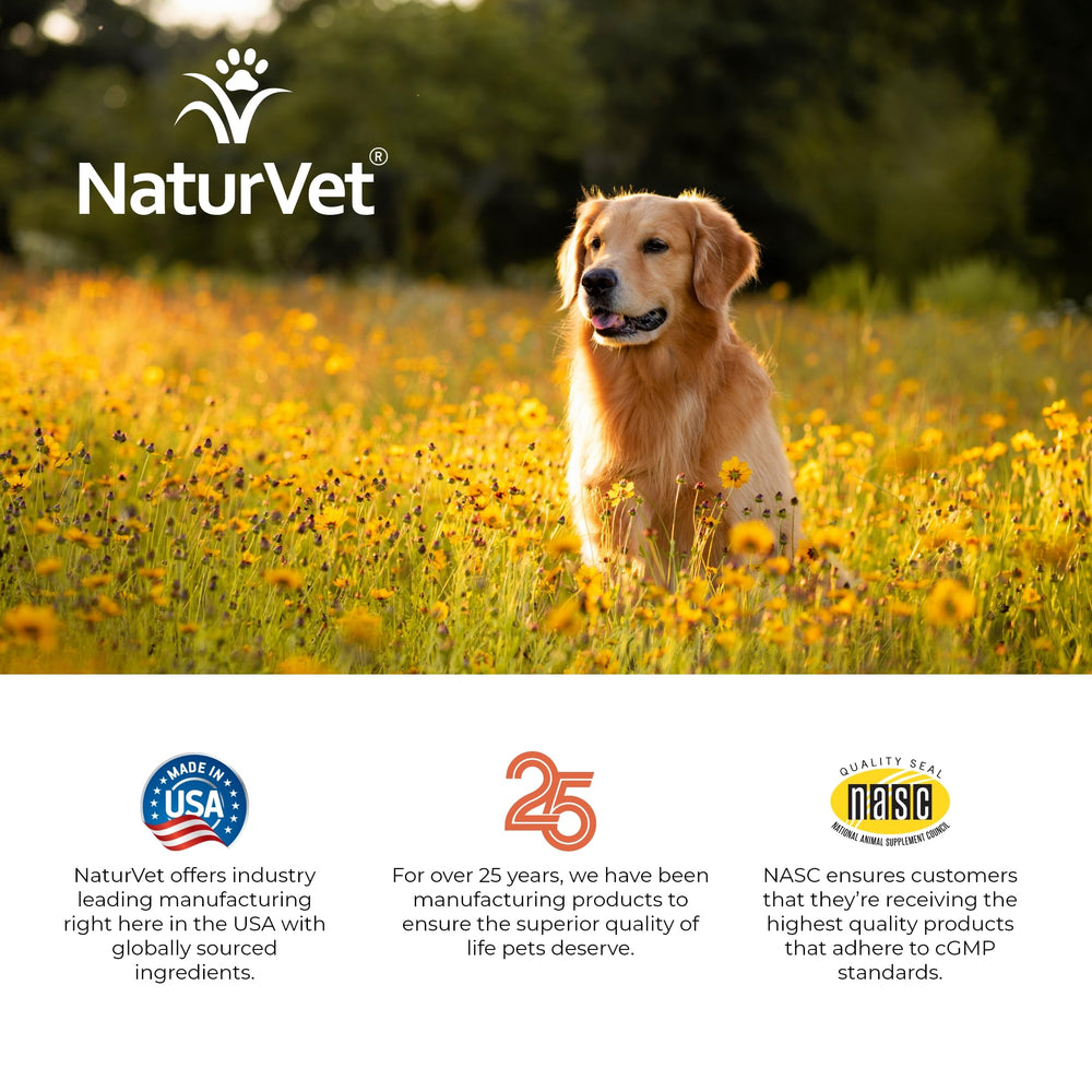NaturVet immunity skin and respiratory benefits close-up suggesting comprehensive canine care.