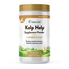 NaturVet Kelp Help Plus Omegas powder bottle front supports healthy coat.