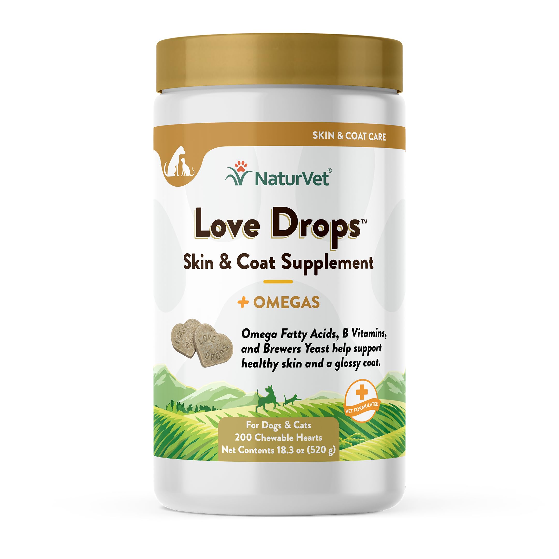 NaturVet Love Drops Plus Omegas bottle supports healthy coats and comfortable skin for dogs and cats.