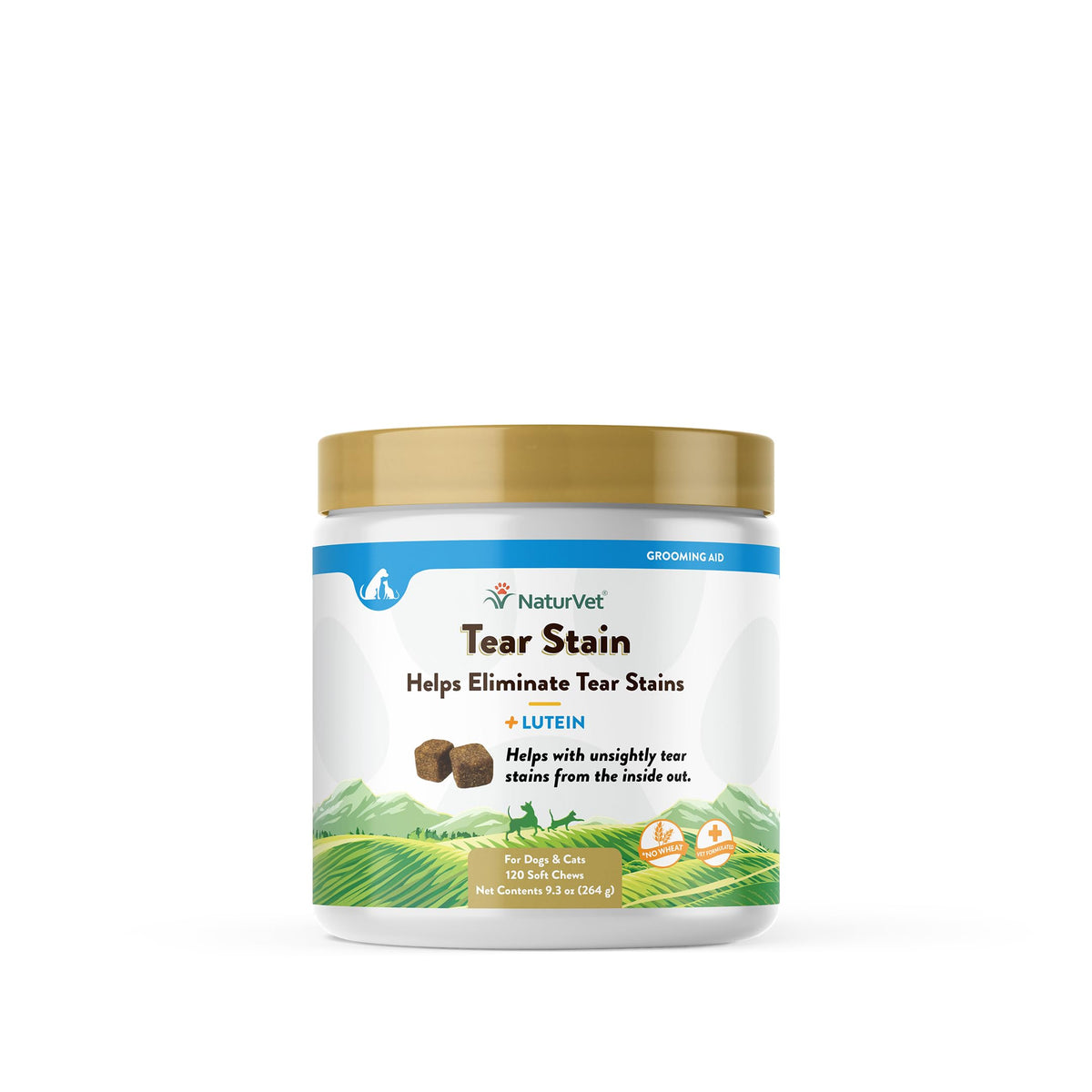 NaturVet Lutein Tear Stain Supplements bottle promotes eye comfort and stain management.