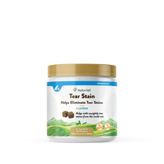 NaturVet Lutein Tear Stain Supplements bottle promotes eye comfort and stain management.