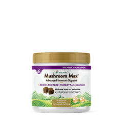NaturVet Mushroom Max bottle front view highlighting immune support packaging for dogs.