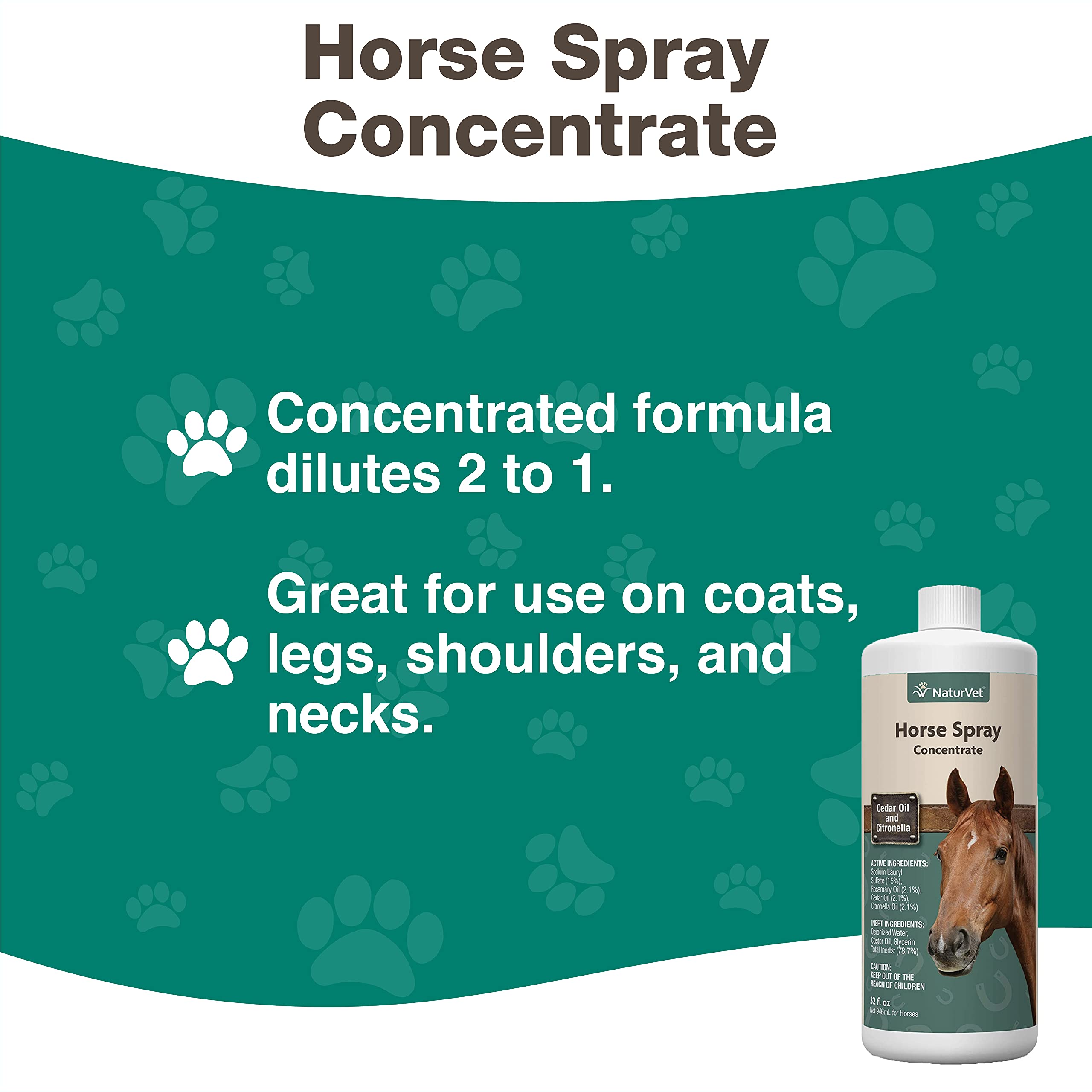 NaturVet natural horse spray bottle highlights 32 oz capacity for extended use.
