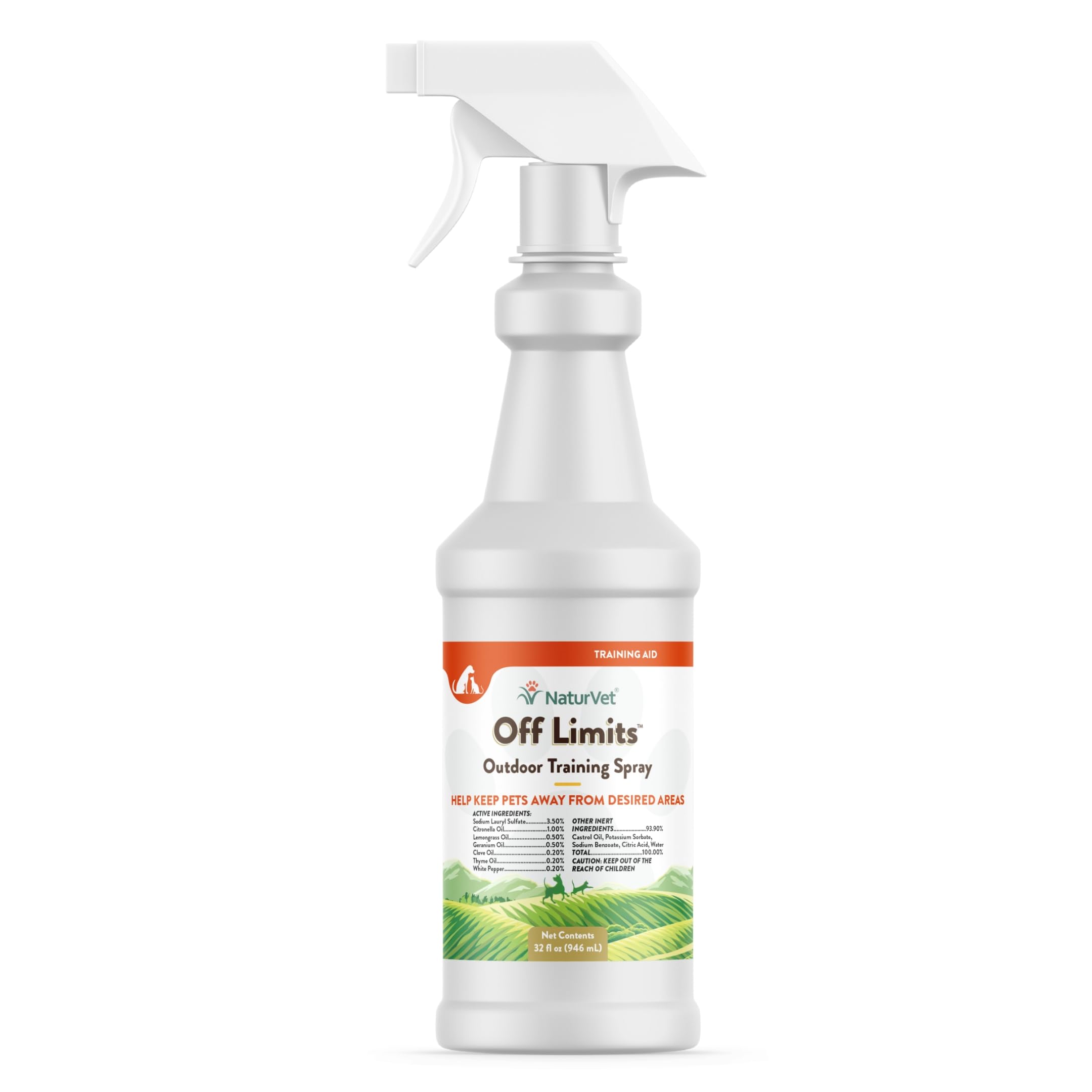 NaturVet Off Limits spray bottle demonstrates a humane, non-staining deterrent for outdoor areas.