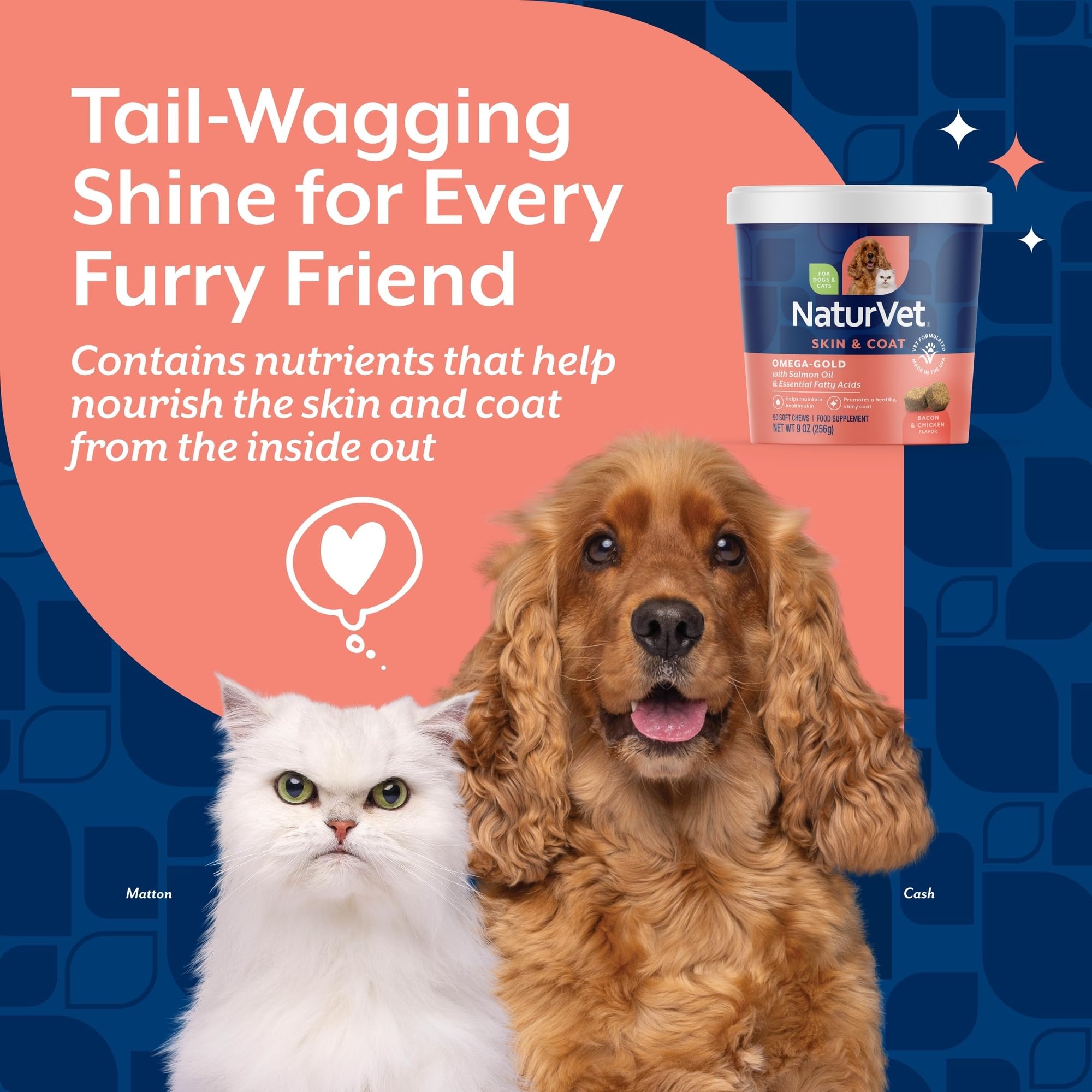 NaturVet Omega-Gold Plus chews beside a scoop for easy daily dosing.