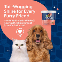 NaturVet Omega-Gold Plus chews beside a scoop for easy daily dosing.