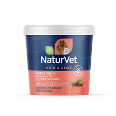 NaturVet Omega-Gold Plus Salmon Oil bottle highlighting packaging and healthy skin focus.