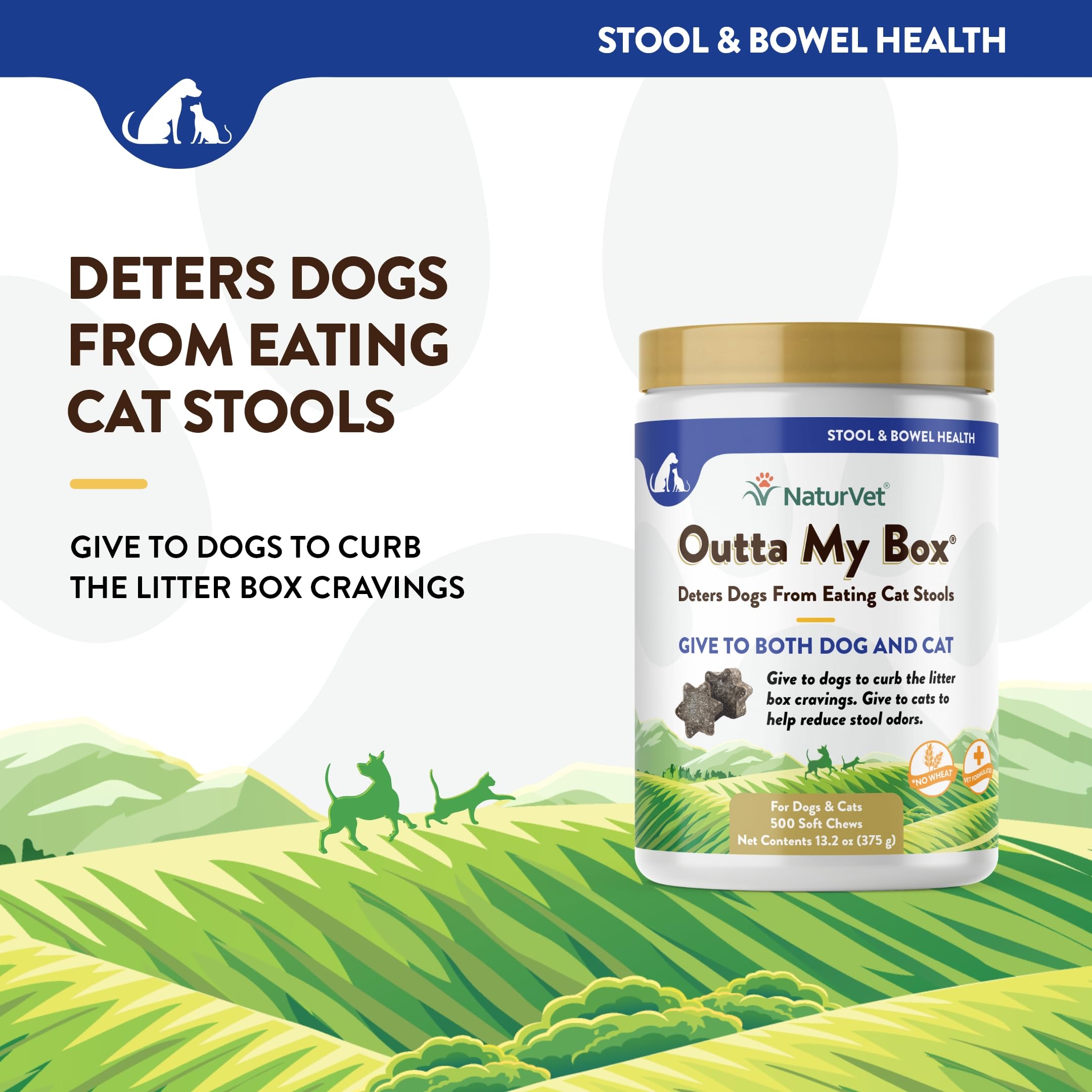 NaturVet Outta My Box labeled bottle highlights the veterinarian-formulated ProBioStrive blend.
