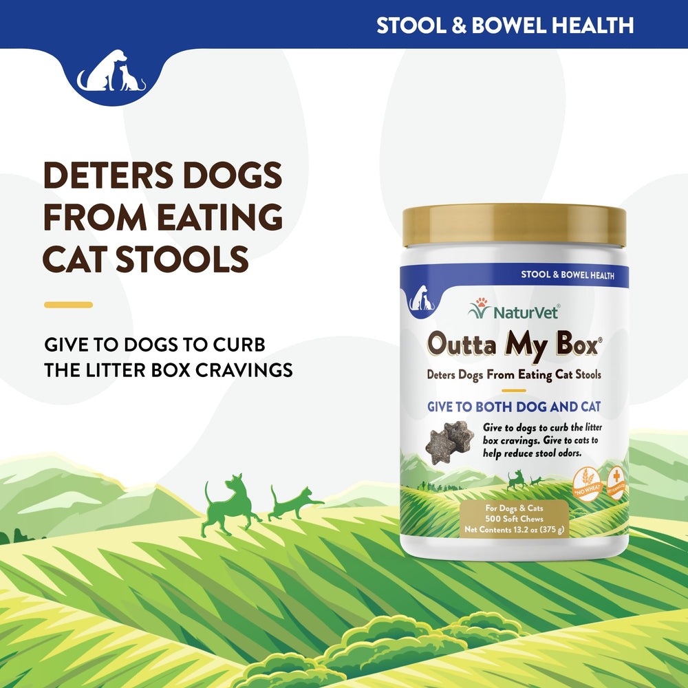 NaturVet Outta My Box labeled bottle highlights the veterinarian-formulated ProBioStrive blend.