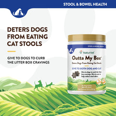 NaturVet Outta My Box labeled bottle highlights the veterinarian-formulated ProBioStrive blend.