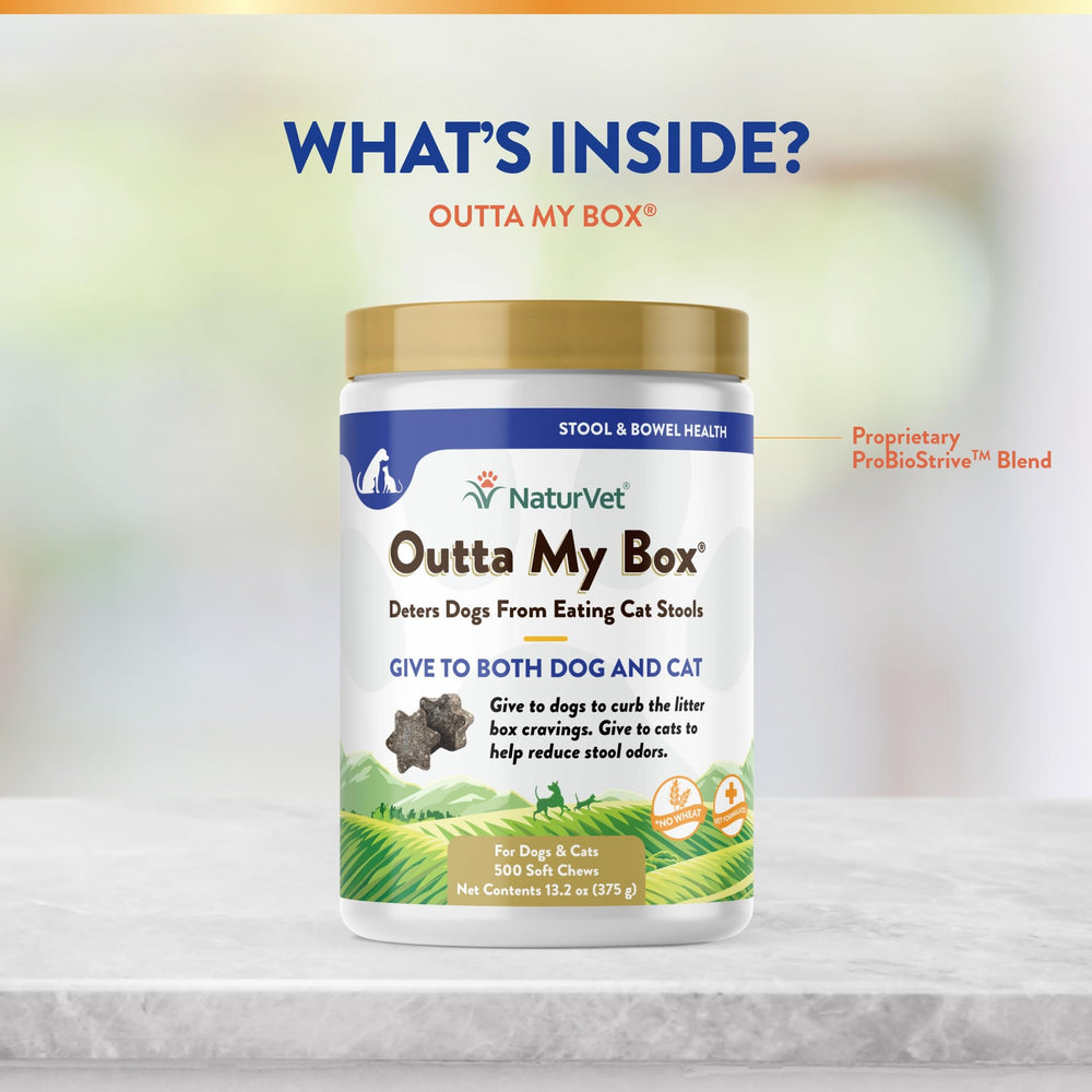 NaturVet Outta My Box helps support cleaner litter areas in multi-pet homes.