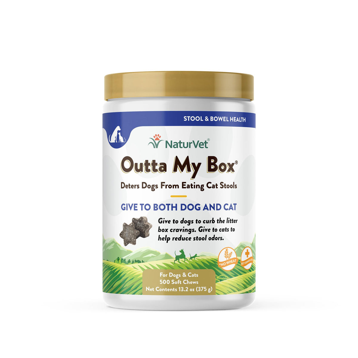 NaturVet Outta My Box soft chews bottle demonstrates dual-action deterrence for dogs and cats.