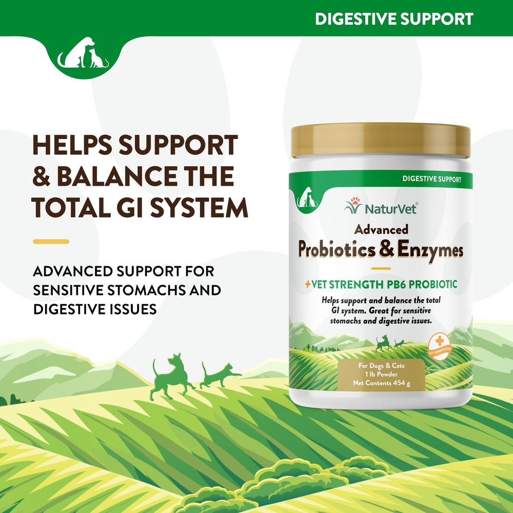 NaturVet PB6 probiotic for dogs and cats highlights vet-strength digestive support