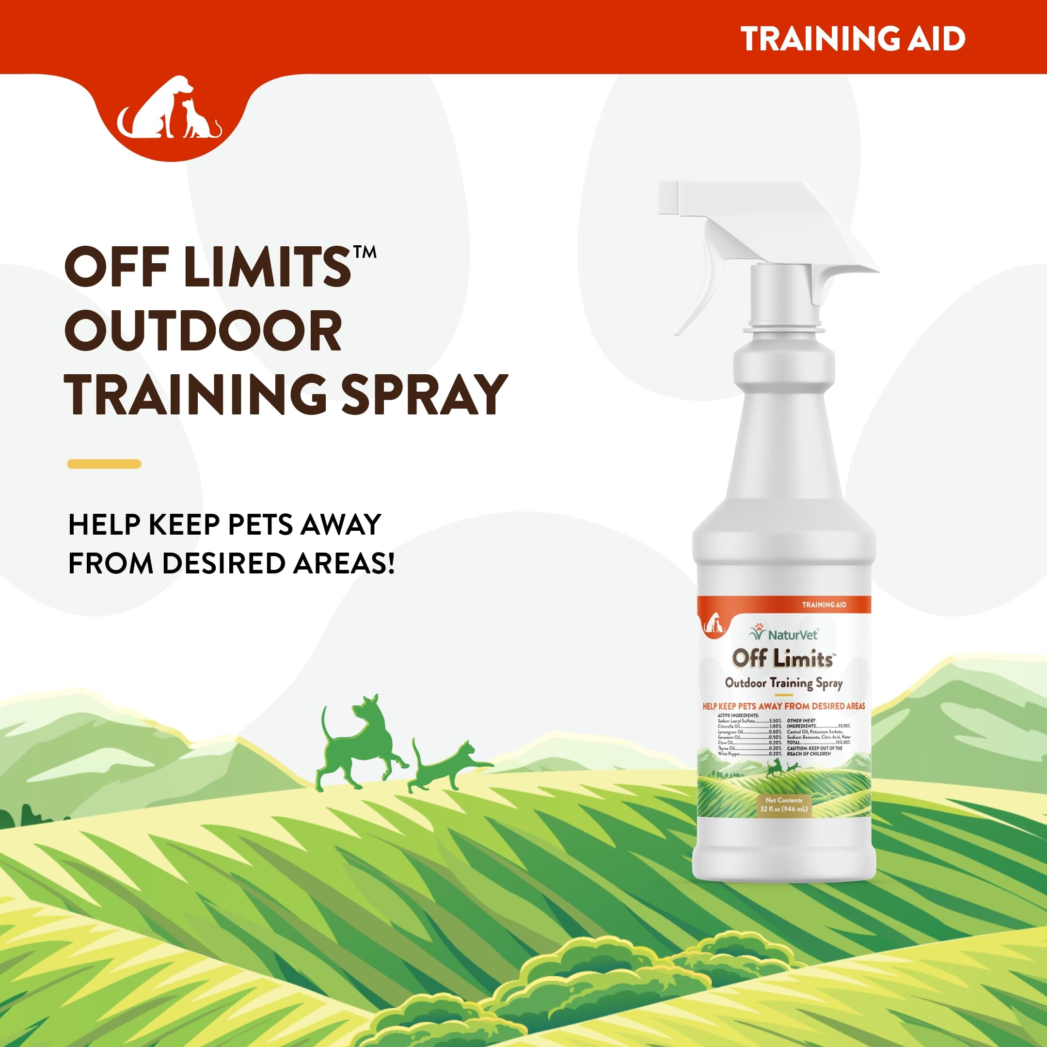 NaturVet Off Limits pet-training-dog-cat-chewing-prevention closeup emphasizes reduced furniture chewing and yard damage.