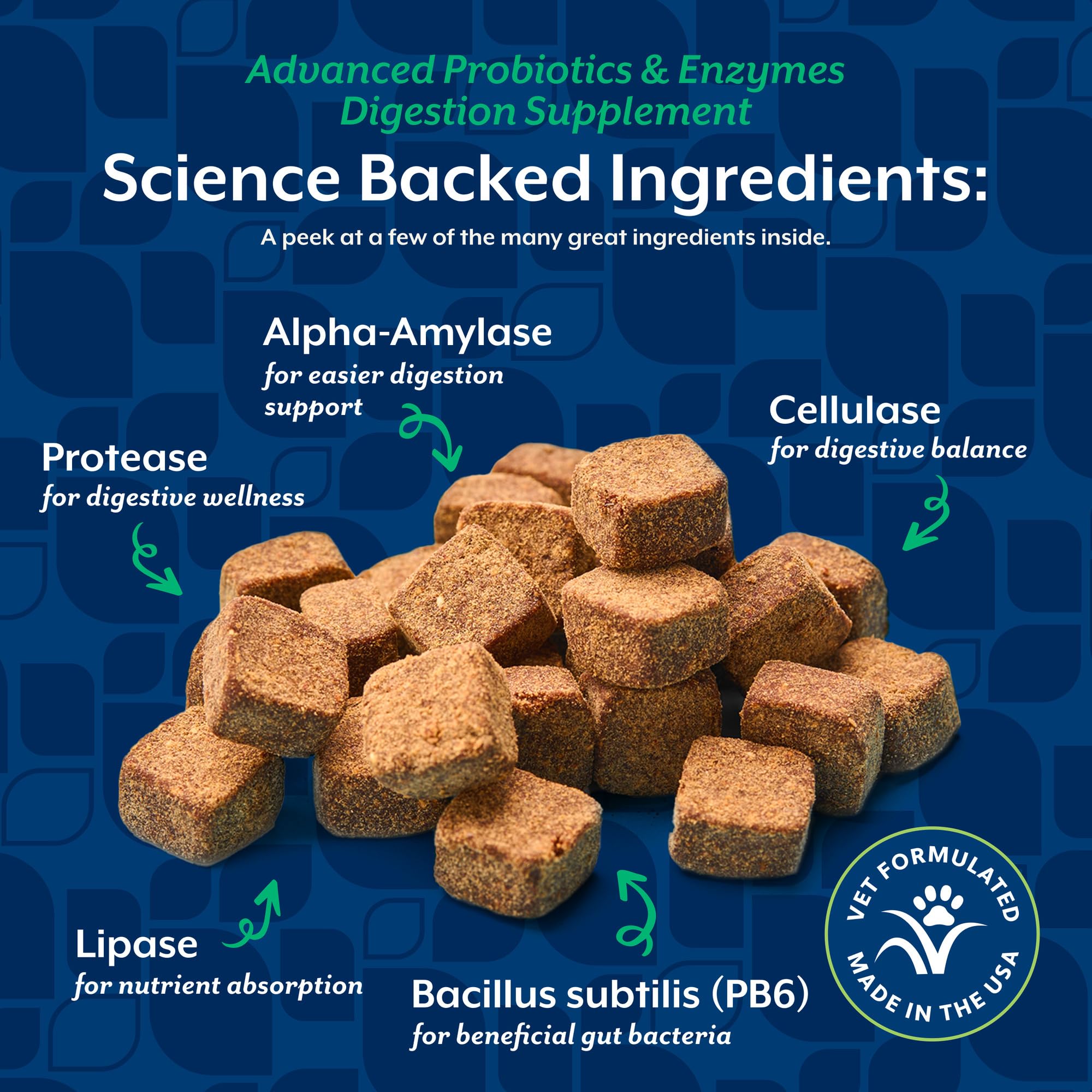 NaturVet probiotic ingredients label close-up with alpha-amylase and lipase components.