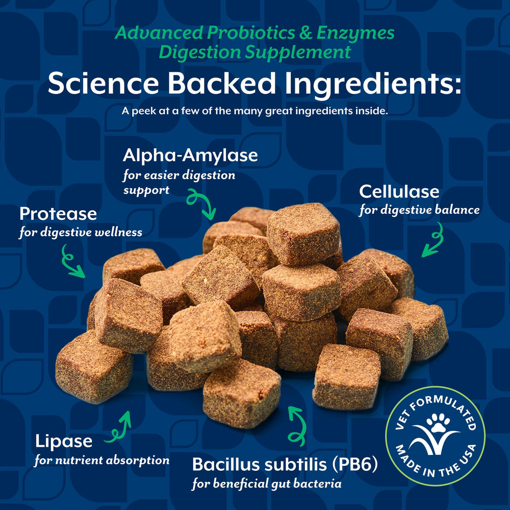 NaturVet probiotic ingredients label close-up with alpha-amylase and lipase components.