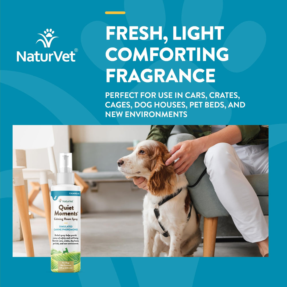 NaturVet Quiet Moments, aroma calmante, uso diario para bienestar canino.