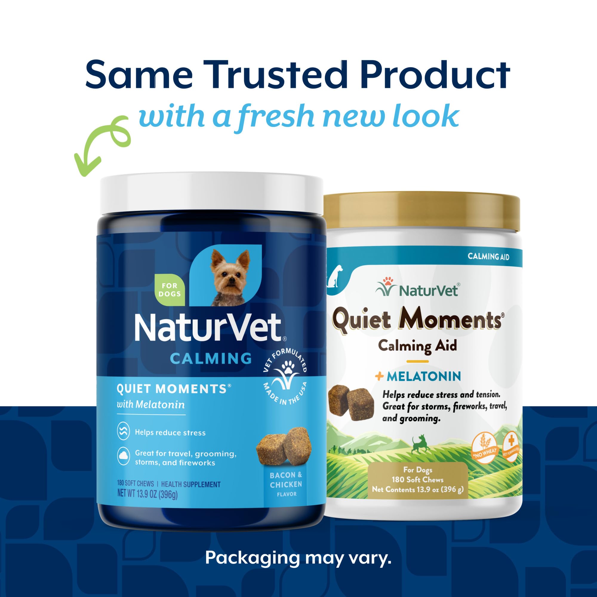 NaturVet Quiet Moments bacon-chicken flavored chews highlight tasty stress relief.