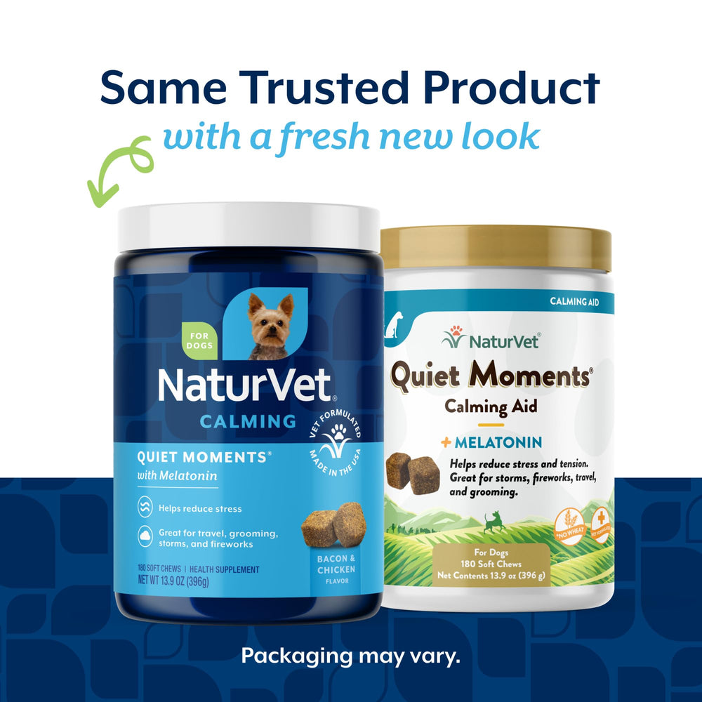 NaturVet Quiet Moments bacon-chicken flavored chews highlight tasty stress relief.