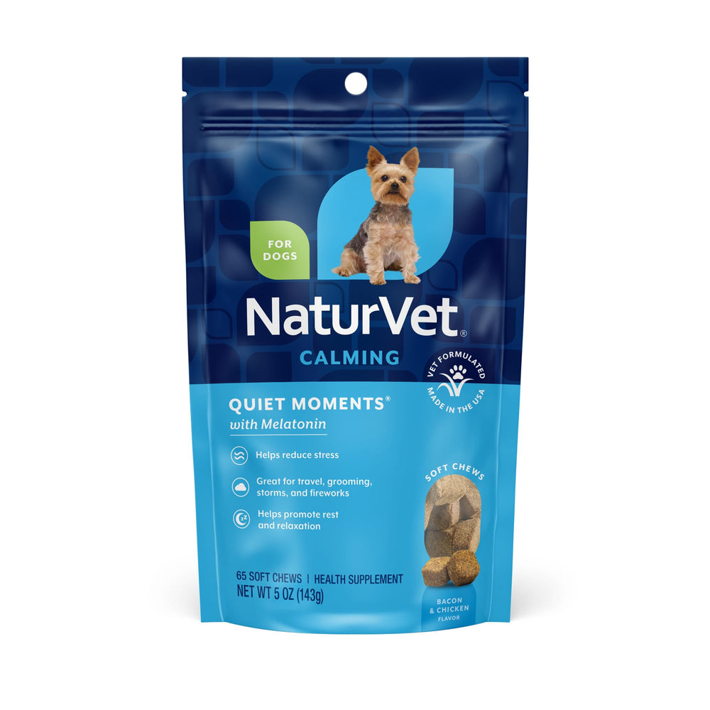 NaturVet Quiet Moments bottle-front promotes calm during fireworks or travel