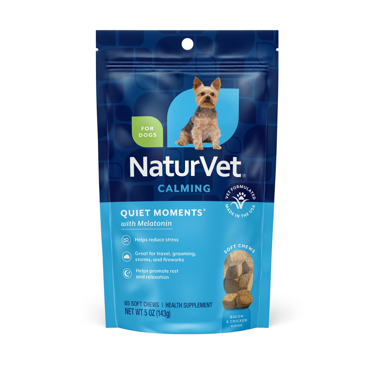 NaturVet Quiet Moments bottle-front promotes calm during fireworks or travel
