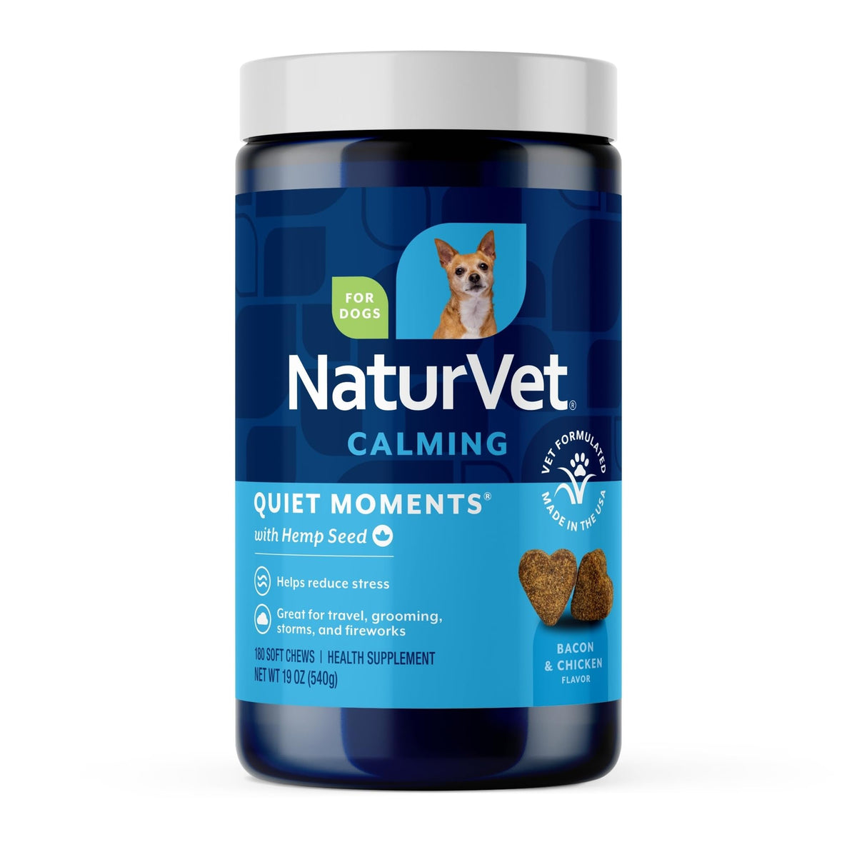 NaturVet Quiet Moments bottle with chews promoting calm behavior during travel.