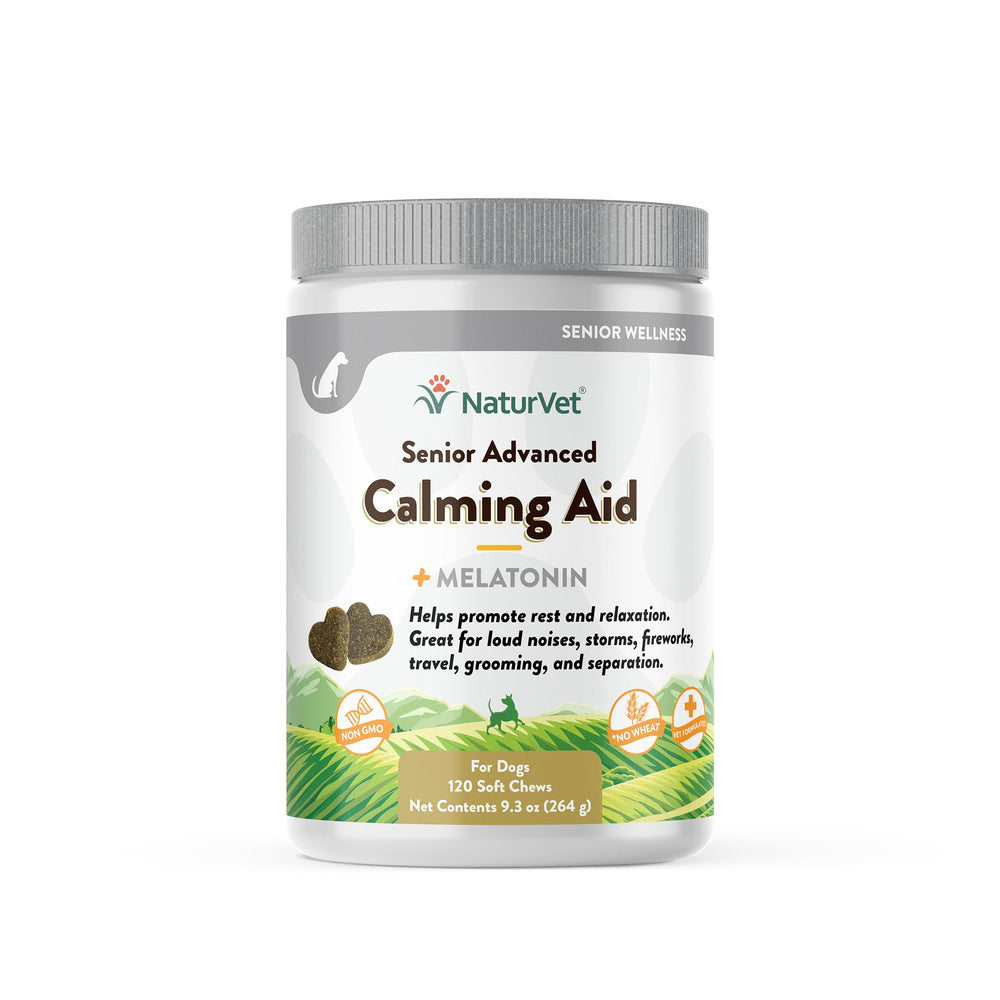 NaturVet Quiet Moments calming aid dog soft chews for reducing storm anxiety and travel stress.