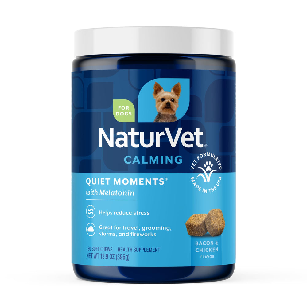 NaturVet Quiet Moments calming chews packaging shown for easy calming support.