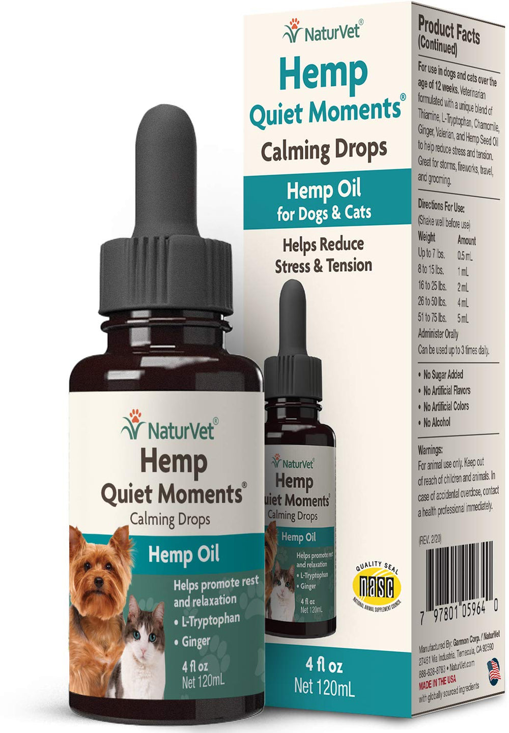 NaturVet Hemp Quiet Moments Drops bottle promotes pet calmness.