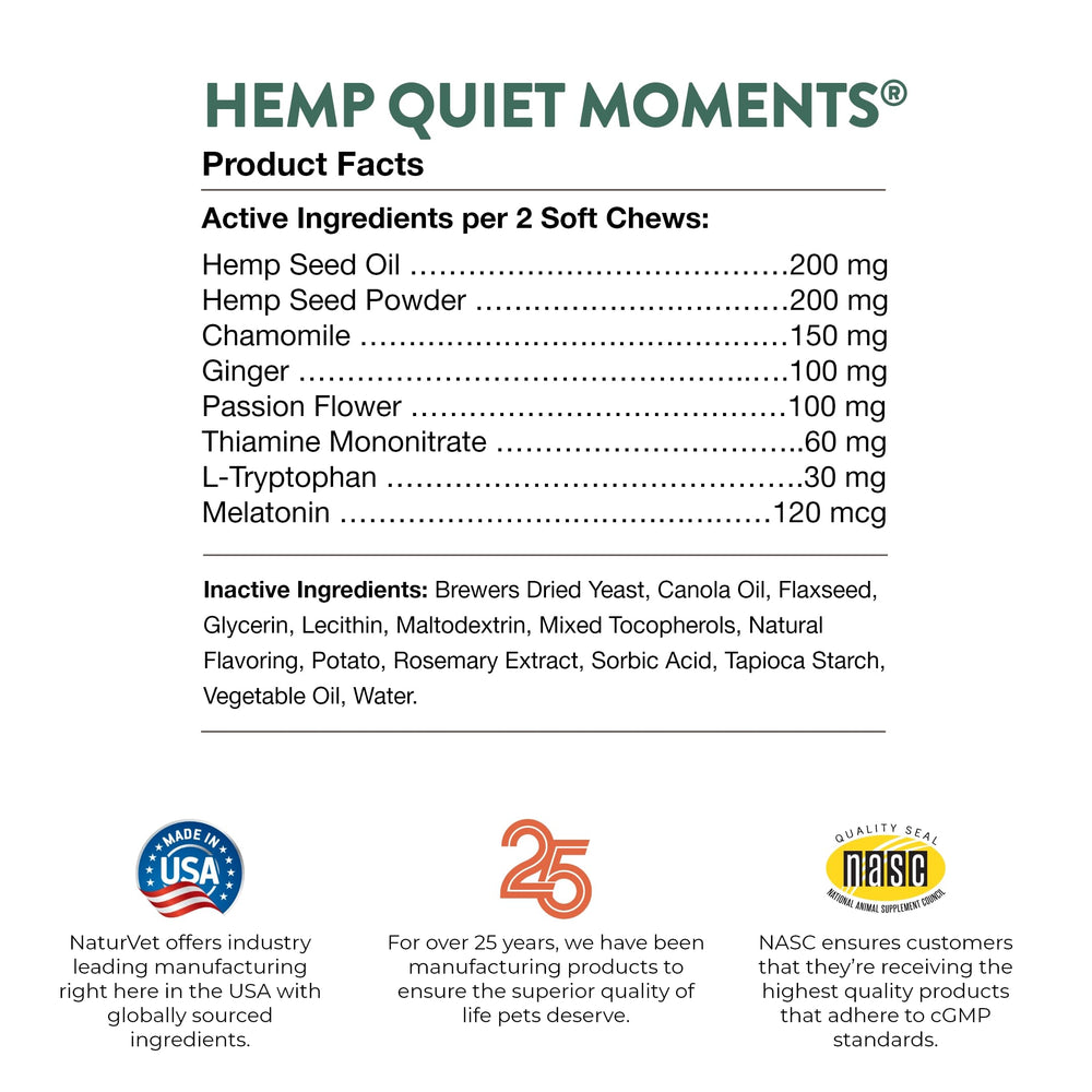 NaturVet Quiet Moments hemp blend label indicates hemp-based calming support.