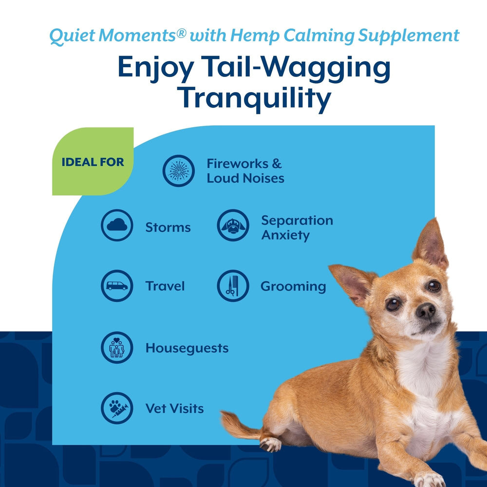 NaturVet Quiet Moments hemp-based formula close-up highlights hemp seed oil and chamomile for relaxation