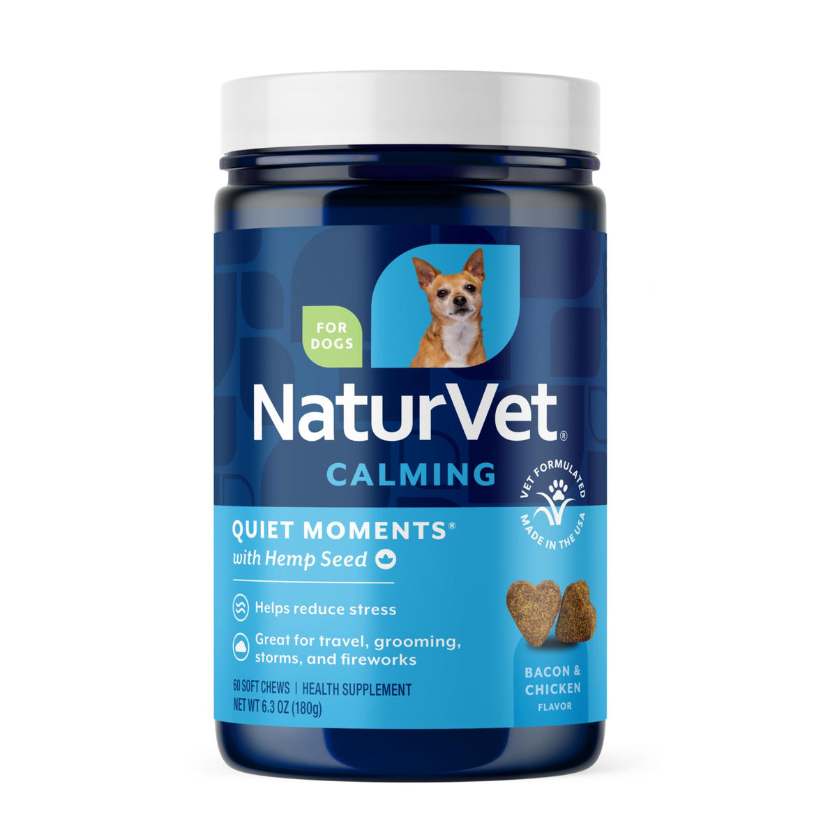 NaturVet Quiet Moments bottle front with soft chews for calming dogs during stress