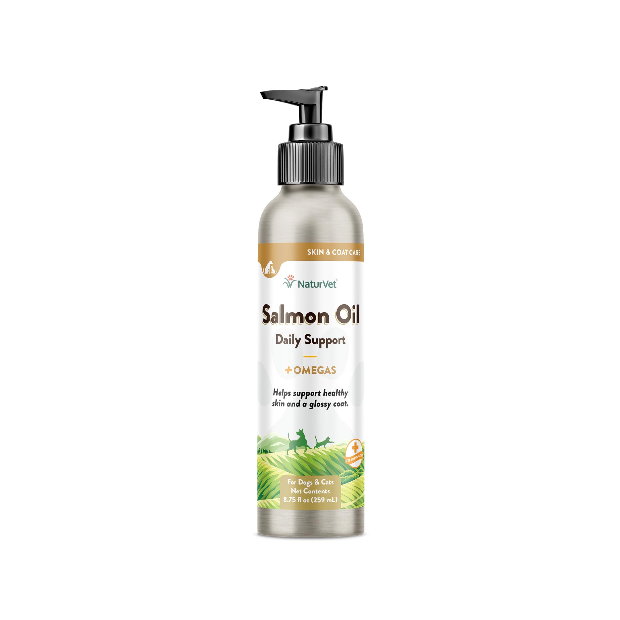 NaturVet Salmon Oil bottle-pour shows easy dosing for a healthier coat.