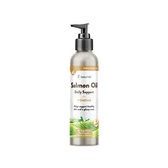 NaturVet Salmon Oil bottle-pour shows easy dosing for a healthier coat.