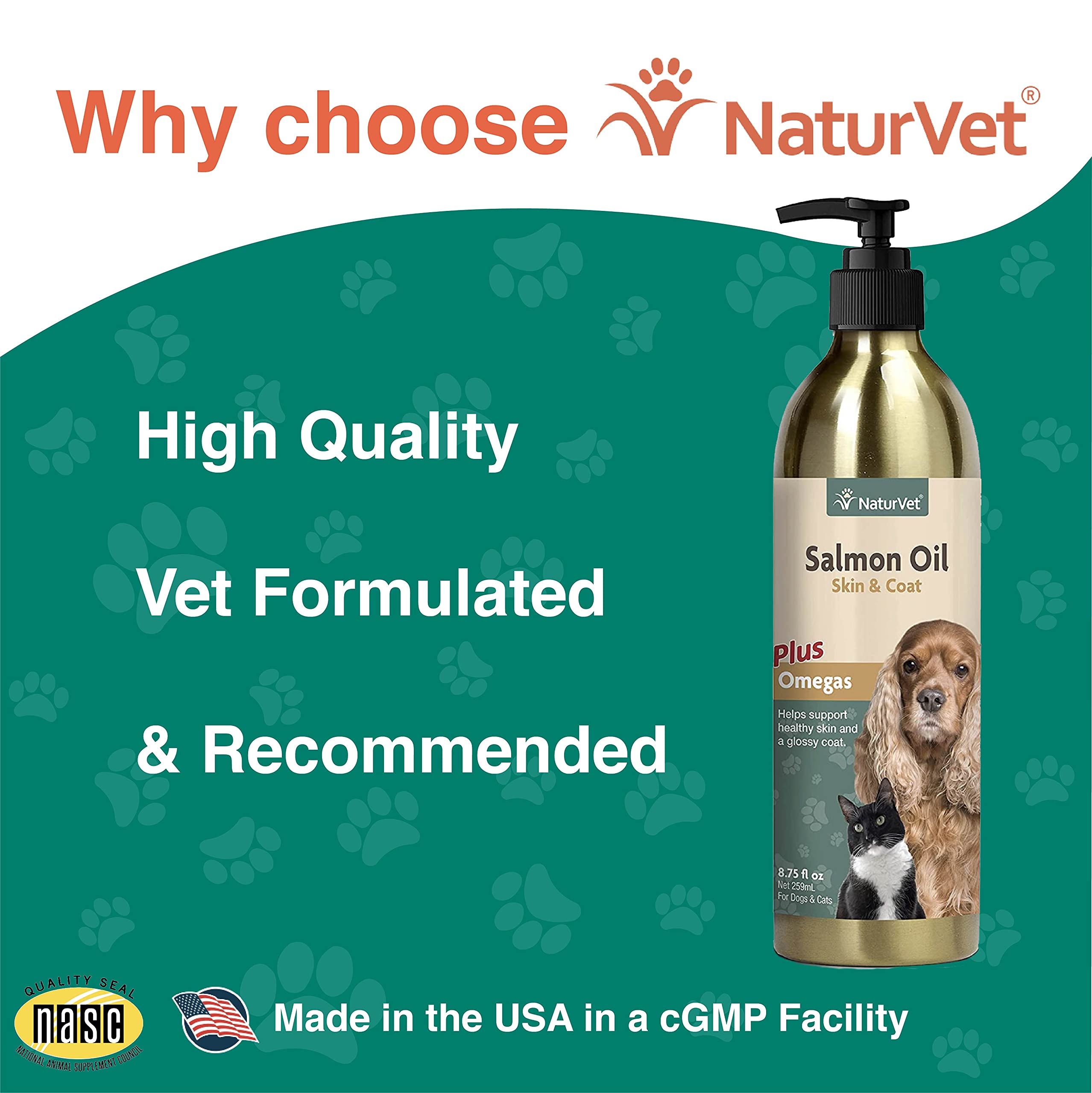NaturVet Salmon Oil coat-gloss-up image suggests radiant fur and healthier skin.